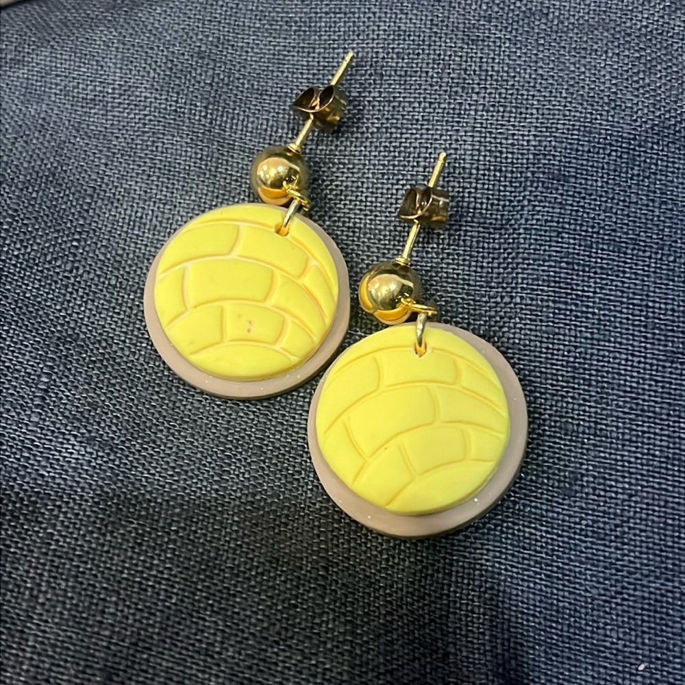 Clay, handmade, Mexican bread (concha) earrings.